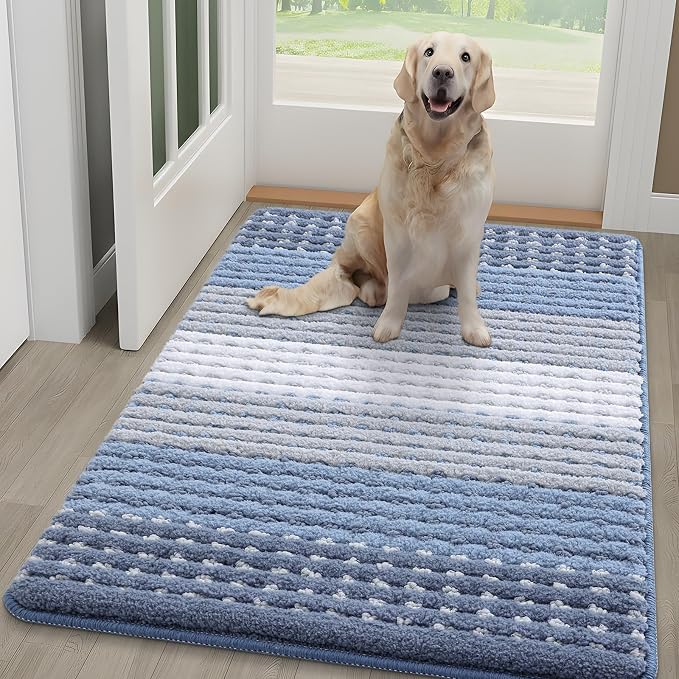 Kitinjoy Indoor Outdoor Door Mat, 48x30 Non-Slip Absorbent Dirt Trapper, Low-Profile Washable Inside Entrance Front Floor Mat, Sturdy Soft Entry Dotted Ombre Doormats for Entryway, Light Blue