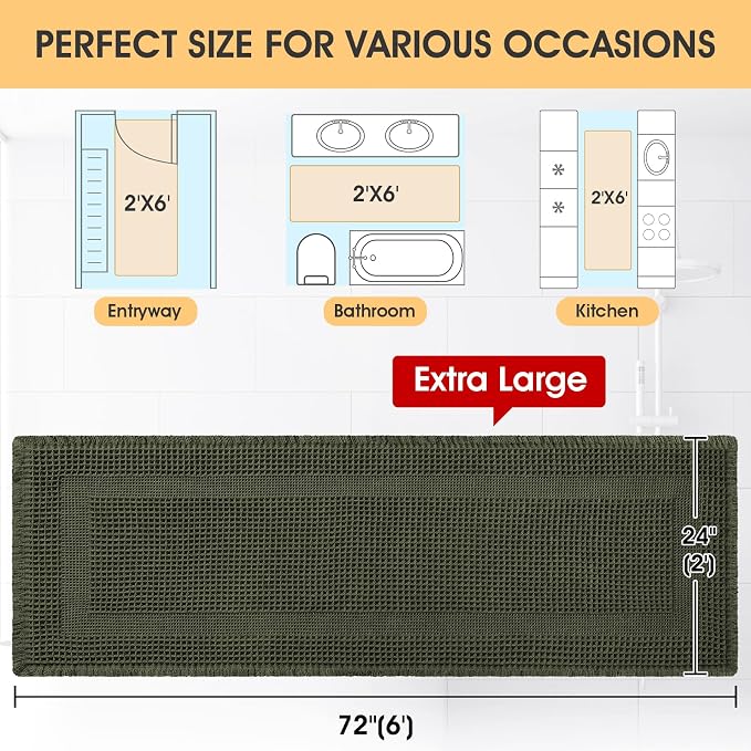 Extra Large Waffle Bath Mat, Boho Woven Modern Bath Rug Absorbent Non Slip, Ultra Soft Bathroom Mats, Machine Washable Knit Bath Rugs with Tassels for Bathroom, Bedroom, Kitchen, 6'x2', Dark Green