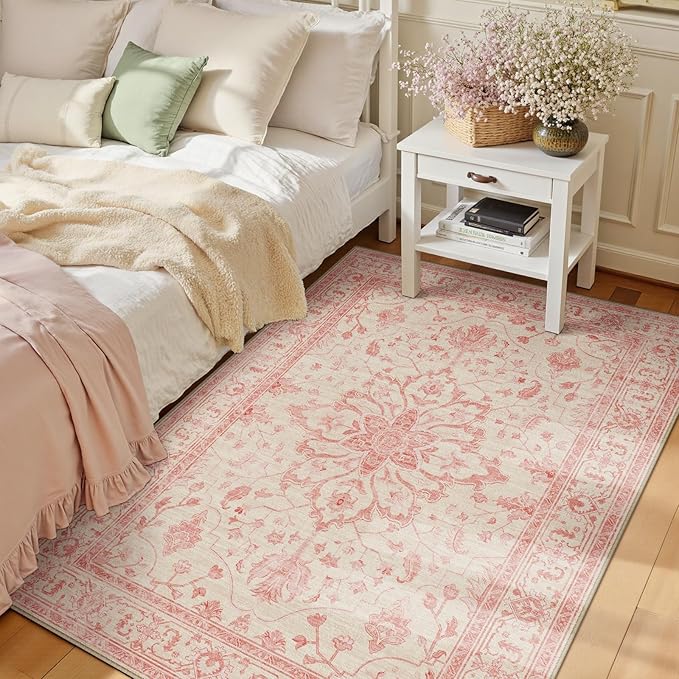 RELEANY Area Rugs 3'x5' Washable Non-Slip, Floral Vintage Distress Medallion Carpet for Living Room Bedroom Dining Room, Pink Light Vintage Pink