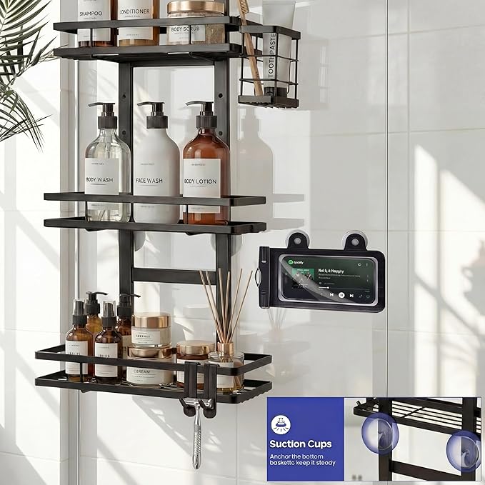 Over the Door Shower Caddy Hanging, Rustproof Shower Shelves with Waterproof Phone Pouch, 3-Tier Adjustable Bathroom Organizers and Storage, No Drilling Shower Shelf, Black Shampoo Soap Holder
