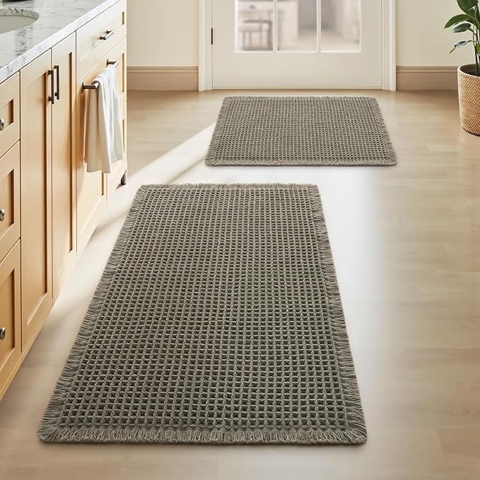 Upgraded Waffle Bath Mat Set of 2, Super Absorbent Non Slip Bath Mats for Bathroom Floor, Washable Boho Bathroom Rugs Set 2 Piece with Tassels, Soft Bathroom Mat Set, 17" x 24" +18" x 30", Green