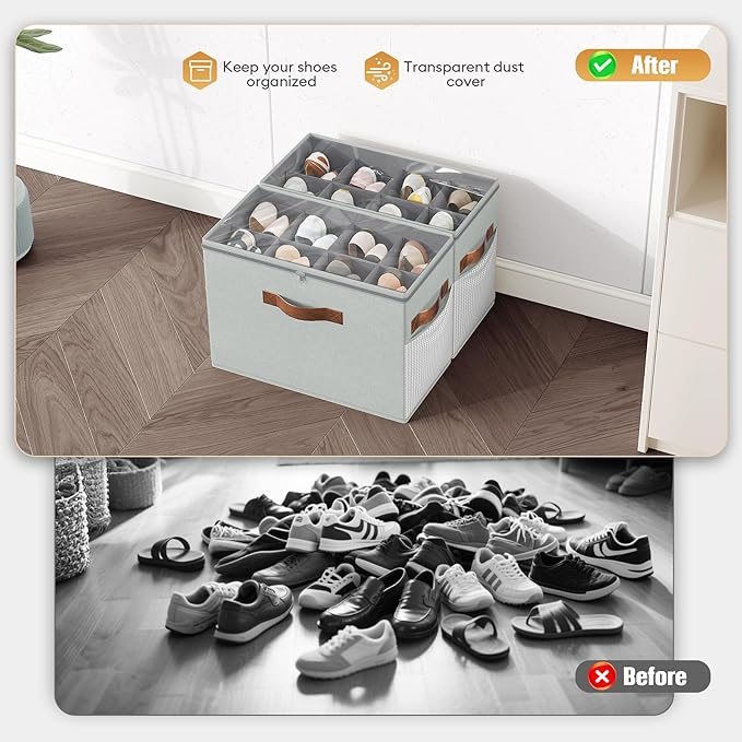 Budding Joy 2 Pack Shoe Organizer for Closet, Clear Foldable Shoe Storage Containers Adjustable Dividers Fits 16 Pairs,Shoe Storage Bins Baskets Boxes with Reinforced Handles Light grey