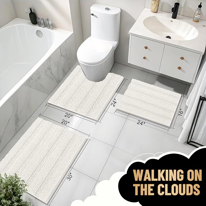 OLANLY Thick Small Bathroom Rugs 24x16, Extra Soft Absorbent Chenille Striped Bath Rugs, Rubber Backing, Machine Wash, Bath Mats for Bathroom Floor, Tub and Shower, Home Decor Accessories, Ivory