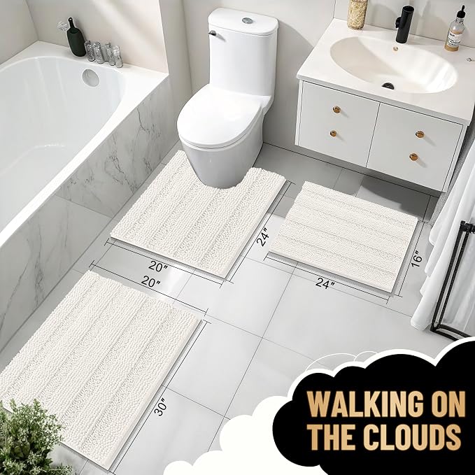 OLANLY Thick Bathroom Rugs 30x20, Extra Soft Absorbent Chenille Striped Bath Rugs, Rubber Backing, Machine Wash Dry, Bath Mats for Bathroom Floor, Tub and Shower, Home Decor Accessories, Ivory