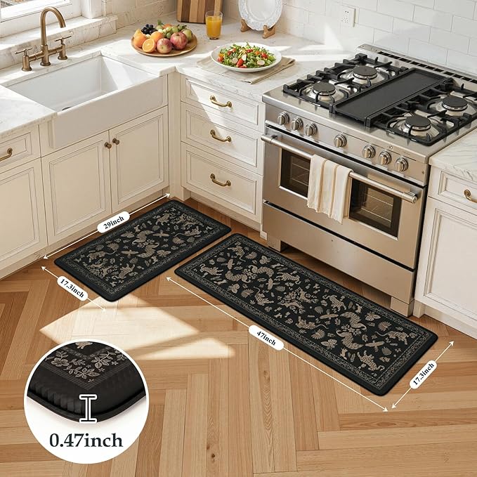 LEEVAN Cushioned Kitchen Mats for Floor 2 Piece, Anti Fatigue Mats for Kitchen Floor Non-Slip, Black Memory Foam Kitchen Mat Set, Waterproof Ergonomic Standing Mat for Bar, Office,Desk, Laundry