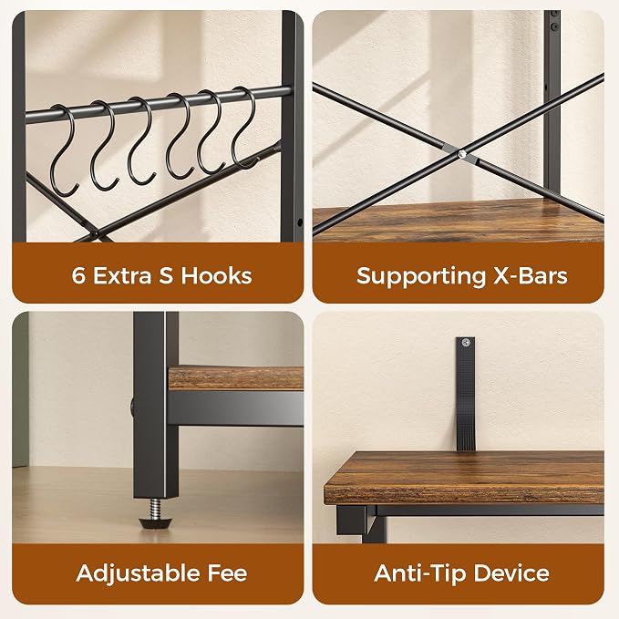 VUSIGN Kitchen Bakers Rack with Power Outlet, 31.5 Inch Coffee Bar Station with 6 S Hooks, 4 Tiers Microwave Stand with Storage, Kitchen Stand for Pots/Pans/Spices, Rustic Brown