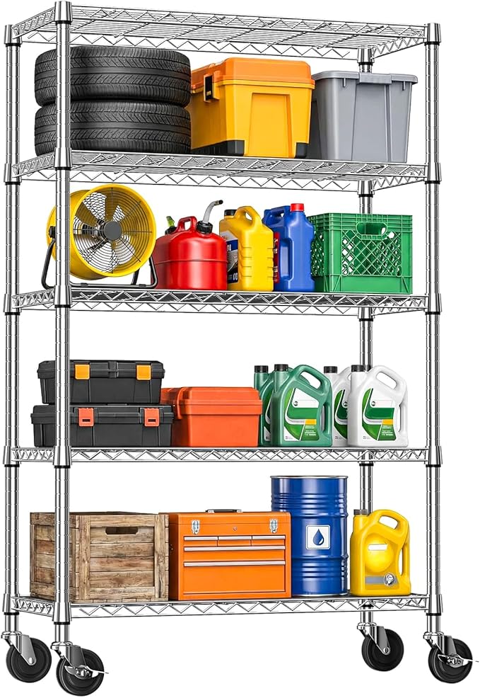 IZEUK 5-Tier Storage Shelving Unit with Wheels, Adjustable Heavy Duty Steel Wire Rack Organizer (Chrome, 17.7" D x 47.2" W x 76.7" H, 1750 lbs Capacity) for Garage, Kitchen, Pantry, Laundry, Basement