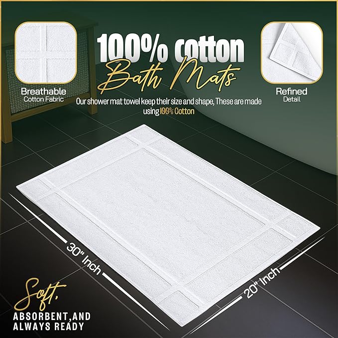 Pearl Linens Pack of 6 100% Cotton Bath Mat Towels, 20x30 inches, Soft & Absorbent Floor Towels for Bathroom, Not Bathroom Rugs, After Shower Mat, 687 GSM, Machine Washable, Airbnb Essentials, White
