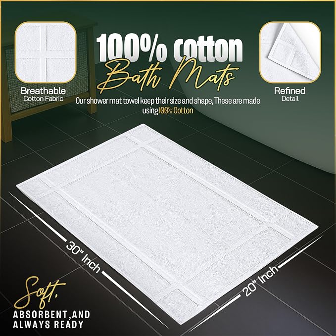 Pearl Linens Pack of 2 100% Cotton Bath Mat 20x30 inches, Soft & Absorbent Quick Dry Bathroom Mat Set, Not Bathroom Rugs, After Shower Mat, Bath Tub Mat, 687 GSM, Machine Washable, White