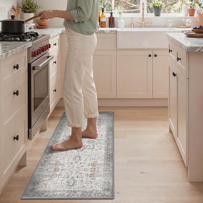 GENIMO Kitchen Rugs Non Slip Washable, 2PCS Kitchen Mats for Floor, Cushioned Standing Mat, Kitchen Runner Rug Floor Mat for Kitchen Decor, Laundry, Sink, Home, 20"x32"+20"x48", Light Taupe Brown