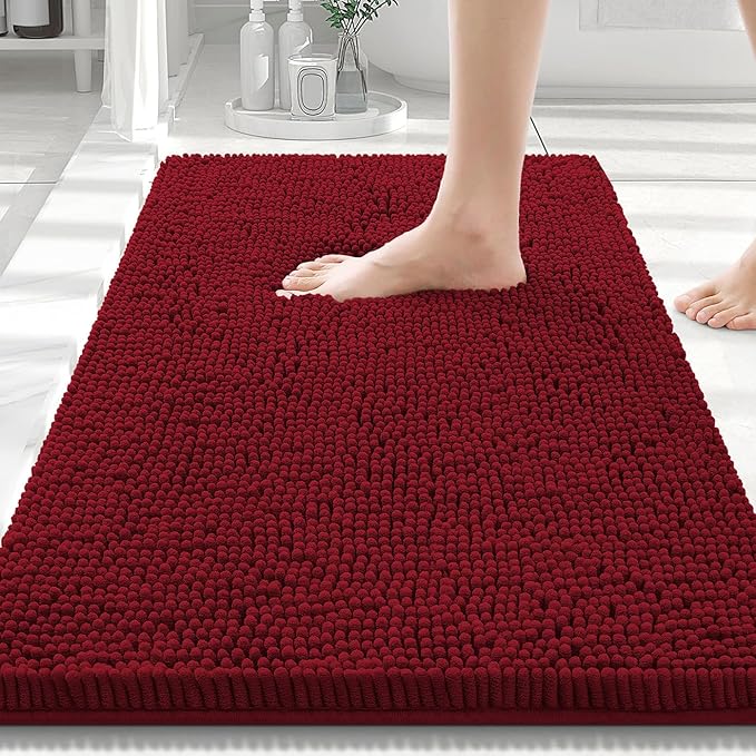 Smiry Luxury Chenille Bathroom Rugs 30x20, Extra Soft and Absorbent Shaggy Bath Mat, Machine Washable, Non-Slip Plush Carpet Runner for Tub, Shower, and Floor, Home Decor Accessories, Red