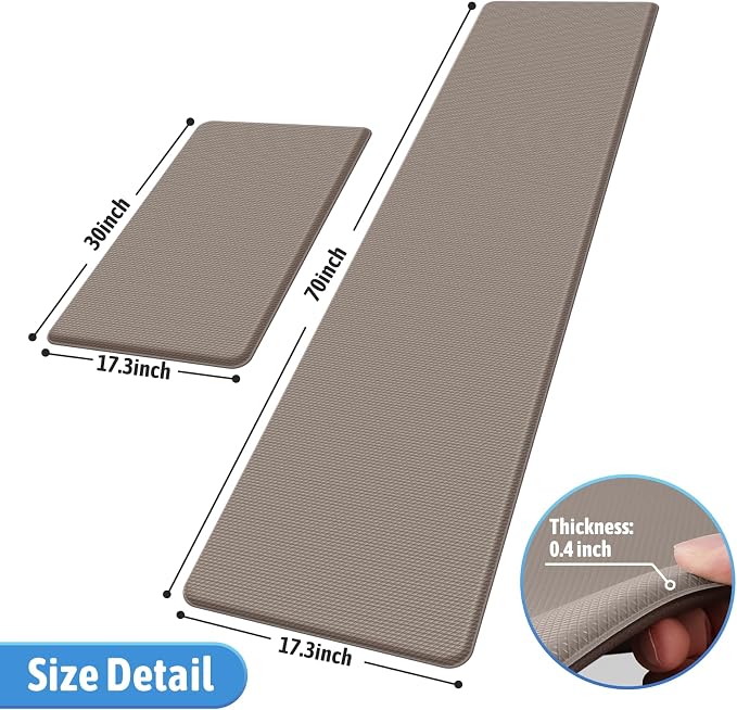 StepLively Kitchen Mat, 2 PCS Kitchen Rugs, Cushioned Kitchen Mats for Floor, Anti Fatigue Kitchen Rug Set, Non-Skid Standing Mat for Kitchen, Office, Sink, 17.3"x30"+17.3"x70", Khaki