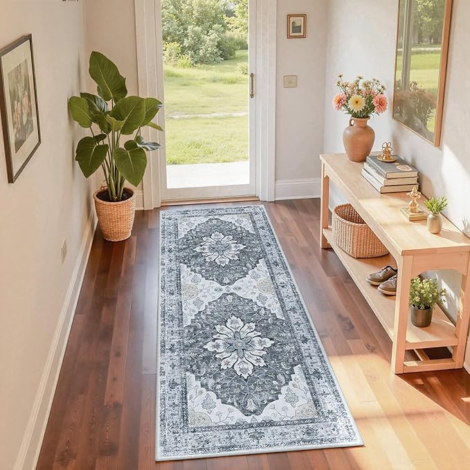 RELEANY Area Rugs Runner 2'x6' Washable Non-Slip, Floral Vintage Distress Medallion Carpet for Kitchen Hallway Bedroom Beside Laundry Room Bathroom, Light Gray Grey White