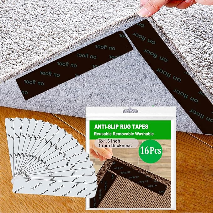 Rug Tape 16 Pcs Carpet Gripper Rug Stoper Carpet Tape Keeps Rug in Place No Slip Rug Stickers Reusable Washable Black