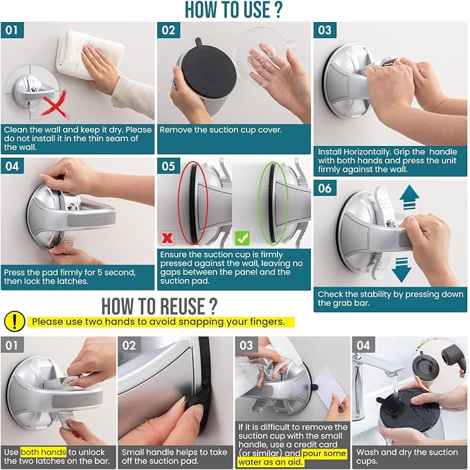 TAILI Grab Bars for Bathtubs and Showers,2 Pack Shower Handles for Elderly Suction,Shower Bar with Upgraded Rubber Suction Cups,Safety Grip for Senior, No Drilling Removable Waterproof, Silver