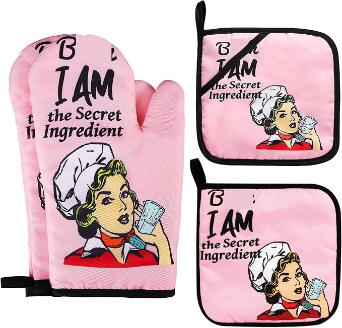Funny Oven Mitts and Pot Holders Sets Cooking BBQ Non-Slip Quilting Grill Mitts Heat Resistant Housewarming Gifts I Am The Secret Ingredient