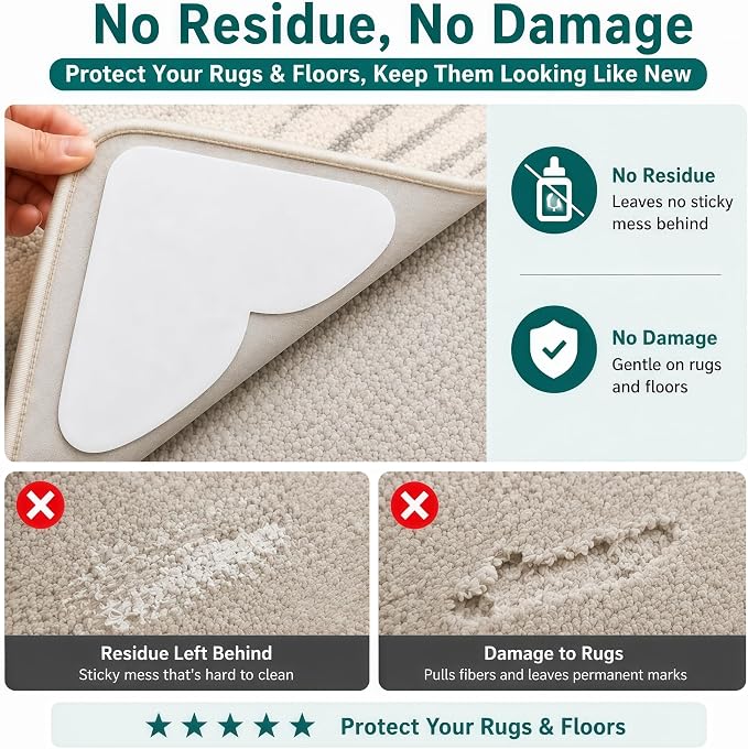 20 PCS Carpet-to-Carpet Rug Corner Grippers, Cloth-Backed Non Slip Pads for Area Rugs Over Carpet, Double-Sided Rug Stoppers Prevent Sliding, Curling & Bunching, Keep Rug Corners Flat (Patented Mesh)
