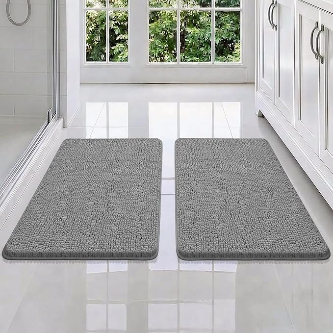 Bcoimo Bathroom Rug Set, Chenille Bathroom Rugs, Absorbent Non Slip Plush Bath Mats, Machine Washable Fast Drying Floor Mats for Tub, Shower, Sink, Vanity