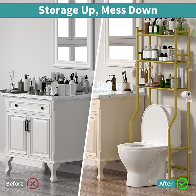 3-Tier Over The Toilet Storage Organizer, Space-Saving Bathroom Rack with Paper Holder & 4 Hooks, 64" Tall Freestanding Carbon Steel Shelf for Small Apartment Laundry Room (Gold)