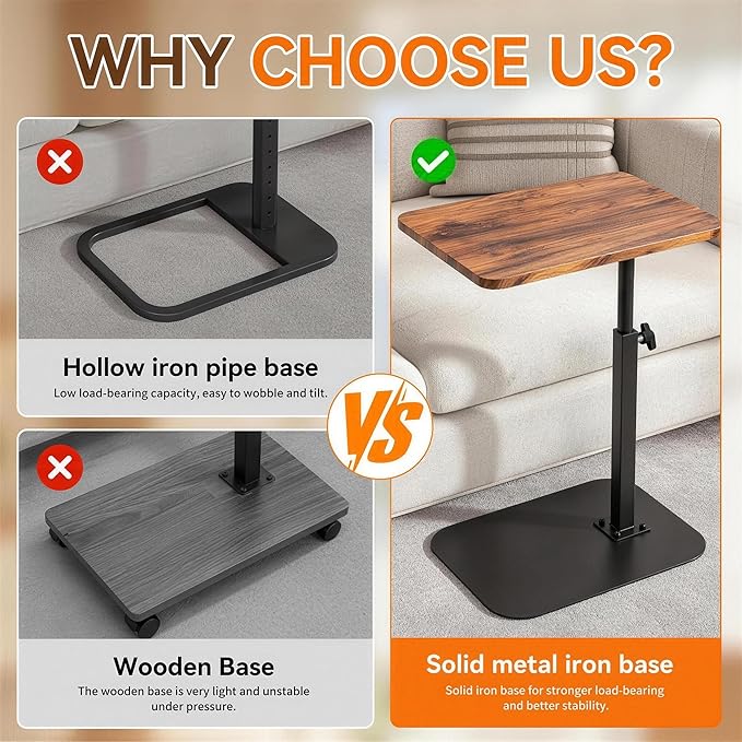 Adjustable TV Tray Table, 360° Swivel C-Shaped End Table that Slides Under Couch, Sofa, Bed, Recliner Chair, Small Side Table Desk for Laptop, Food Eating, Living Room, Bedroom, Small Spaces