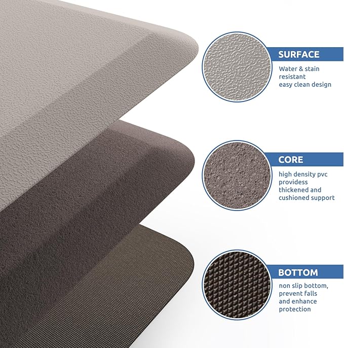 KitchenClouds Kitchen Mat Cushioned Anti Fatigue Kitchen Rug 17.3"x60" Water Resistant Non Slip Kitchen Rugs and Mats Standing Desk Mat Comfort Floor Mats for Kitchen House Sink Office (Khaki)
