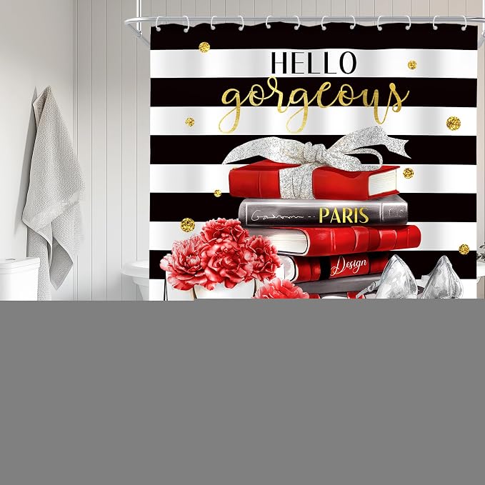4Pcs Black Red Burgundy Shower Curtain Set, Fashion Flower Perfume Women Girly Modern Bathroom Curtain with Rug, Toilet Lid Cover, Bath Mat, High Heels Magazine Shower Curtain with 12 Hooks