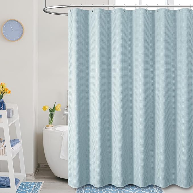 Dynamene Extra Wide Shower Curtain - 180 Inch Wide Waffle Weave Weighted Thick Cloth Bathroom Shower Curtain, Neutral Heavy Duty Hotel Bath Curtain Set with 32 Plastic Hooks, 180x72, Fog Blue