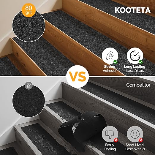 Outdoor Stair Treads for Wooden Steps Non Slip,KOOTETA 12 Pack 8" x 30"Anti Slip Tape for Stairs,Waterproof Weather Resistant Grip Tape,80-Grit High Traction Adhesive Non Slip Stair Treads,Black