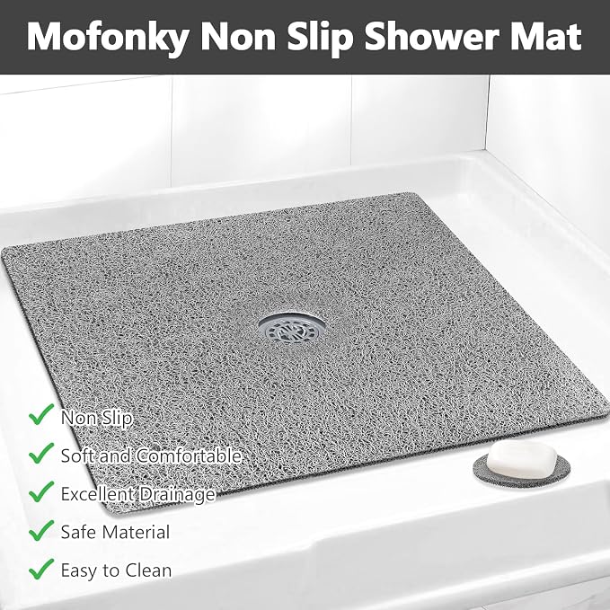 Shower Mat Non Slip: 31x31 Inch Extra Large Square Shower Mats with Drain Hole in Middle - Soft Loofah Quick Drying Matt for Shower Stall