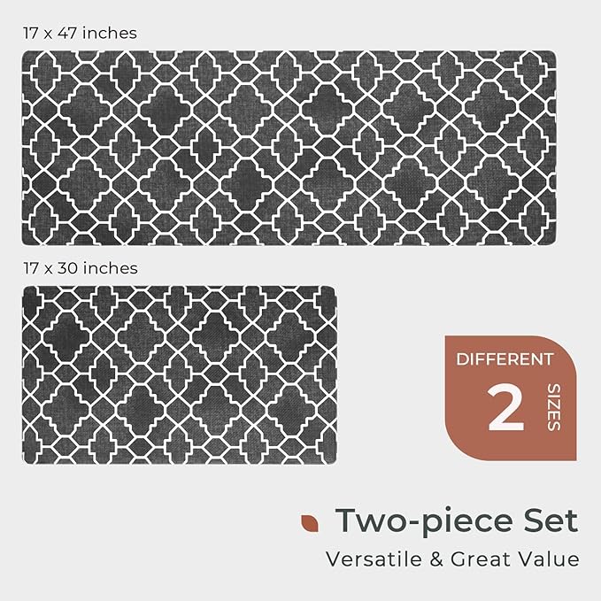 FRESHMINT Kitchen Mat Set of 2, Anti-Fatigue Cushioned Kitchen Mats for Floor, Waterproof Non Slip Comfort Standing Mat, Boho Kitchen Rug for Kitchen Decor, Sink, Office, 17"x30"+17"x47", Black