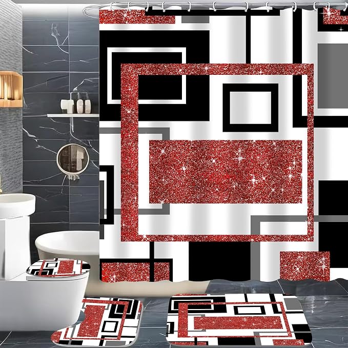 4 Pcs Red Geometric Shower Curtain Sets with Toilet Lid Cover and Non-Slip Rugs, Red Modern Abstract Bathroom Decor Sets with Shower Curtain and Rugs for Bathroom