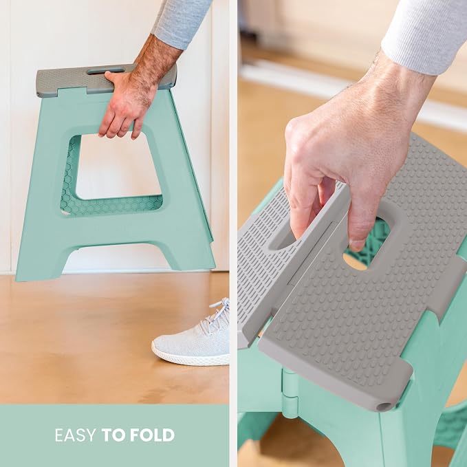 Vigar Compact Folding Step Stool - 12-1/2 Inch Foldable Step Stool for Adults, Lightweight Portable Stool with Handle, Non Slip Step Stool, Space-Saving Stool up to 330 lb - Light Turquoise