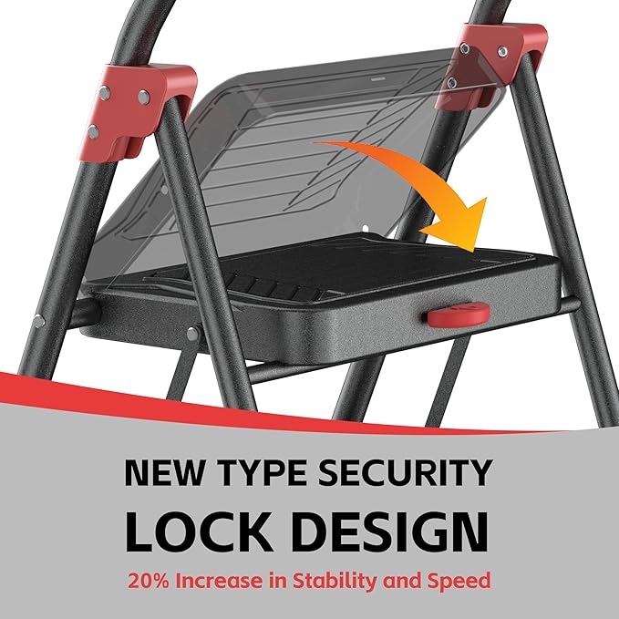 DIAMONDFORGE 3 Step Ladder, Folding Step Stool with Anti-Slip Wide Pedal, Soft Handle, Anti-Slip Feet, Sturdiest Steel Construction, 900lbs Capacity Steel Ladder for Home and Office, BlackRed