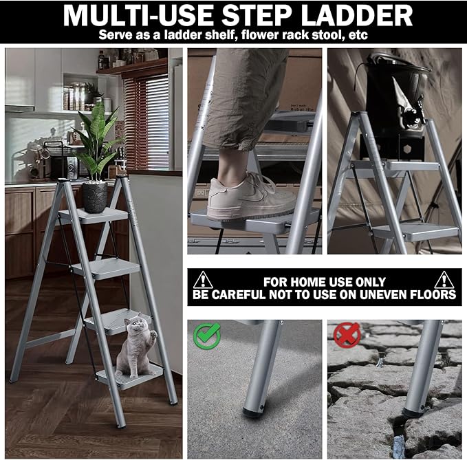 XinSunho 4 Step Ladder, Folding Step Stool with Anti-Slip Wide Pedal, Portable Sturdy Steel Ladder 4 Steps, 330lbs Safety Kitchen & Household Ladder