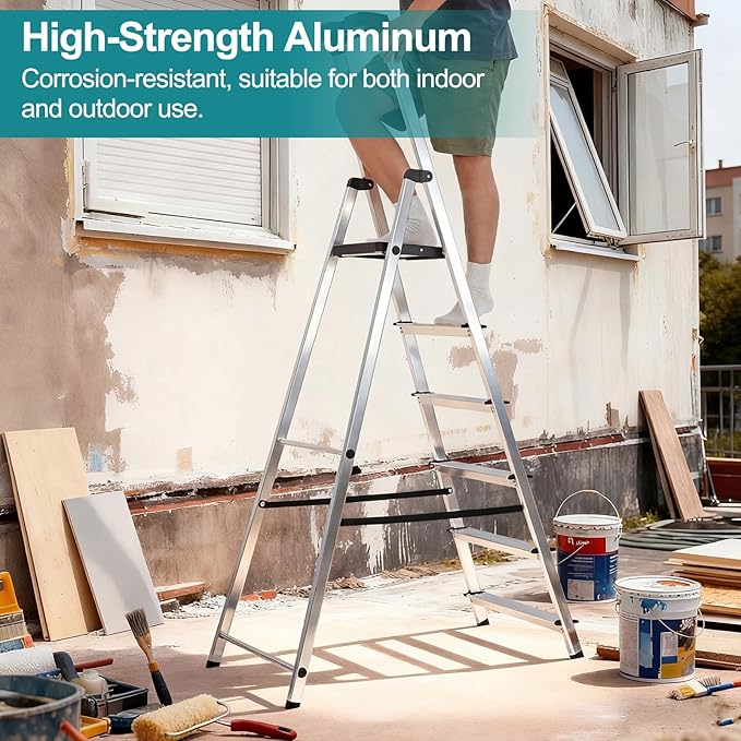 OLIXIS 6 Step Ladder, 330lbs Folding Step Stool with Anti-Slip Wide Pedal Handrails, Aluminum Stool Ladders, Safety Household Ladder for Home Kitchen Courtyard Outdoor