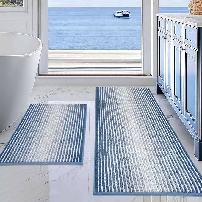 BSICPRO Bathroom Rugs and Mats Sets, 2 Piece Thick Absorbent Chenille Bath Mat Rug Set Non Slip, Soft Shaggy Bath Room Floor Mats for Bathroom, Machine Washable (Sky Blue, 20" x 47" Plus 16" x 24")