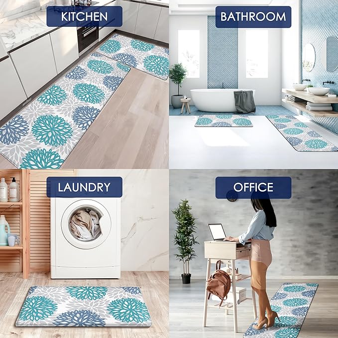 Cushioned Anti-Fatigue Kitchen Mats for Floor – Non-Slip Waterproof Memory Foam Runner, Extra Wide & Long, Comfortable Standing Mat for Kitchen, Sink, Office, Laundry, Teal