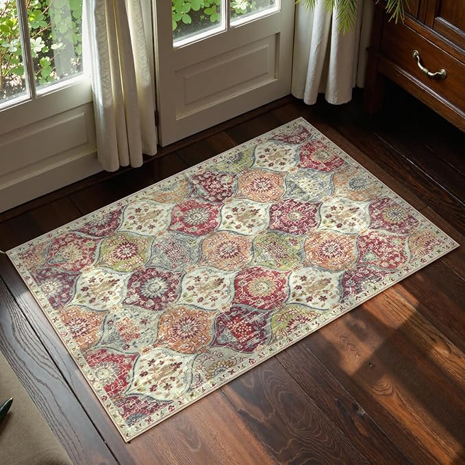 Lahome Moroccan Trellis Washable Orange Rug, 2x3 Entryway Rugs for Kitchen Bathroom, Non-Slip Indoor Door Mat Ultra-Thin, Small Throw Carpet for Bedroom Entry Elise, Orange/Terracotta