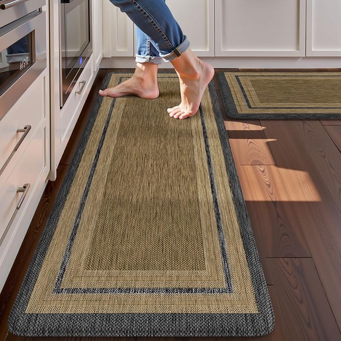 KIMODE Anti Fatigue Kitchen Mats 17"x47"+17"x29", Farmhouse Kitchen Rugs Sets of 2, Non Slip Kitchen Mats for Floor, Cushioned Comfort Standing Mats for Home Deocr Sink Laundry Office Desk Grey/Brown