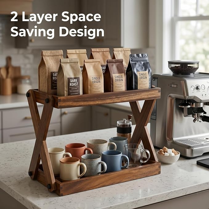 Wood Countertop Organizer, 2 Tier Wooden Shelf for Coffee Bar Accessories, Kitchen Spice Rack Organizer, Condiment Storage Caddy for Home, Office, Bathroom