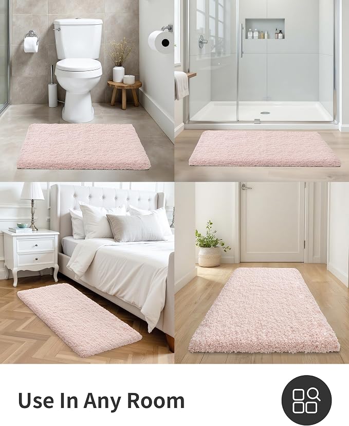 ILANGO Pink Bathroom Rugs 32" × 20" Non Slip & Super Absorbent Extra Thick Soft, Washable Bath Mat for Floor, Microfiber Plush Shaggy Bath Rug with Rubber for Bathtub Shower Room Sink