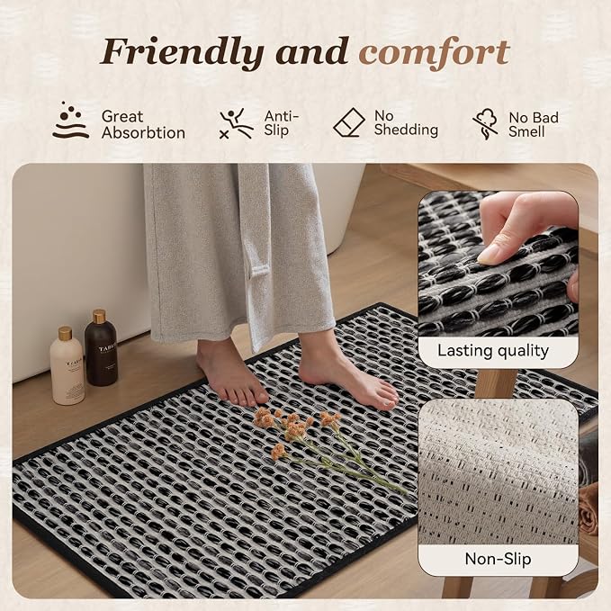 AMOAMI Unique Woven Bathroom Runner Rug, Super Absorbent Non Slip Bath Mats for Bathroom Textured Bathroom Mat Quick Dry Boho Rugs Runners for Hallyways Kitchen Bedroom Beside Tub, 2' x 6', Black