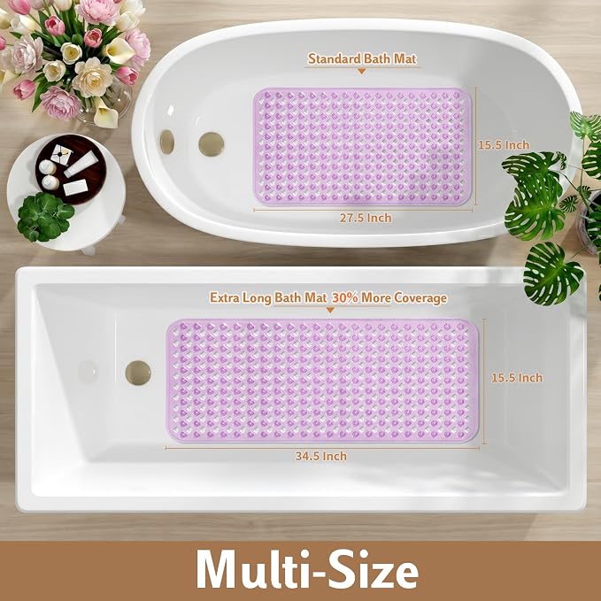 Yimobra Bathtub Mat Non Slip, Shower Mat with Strong Suction Cups & Drain Holes, 28"X16", Anti Slip Bath Tub Mat for Inside Shower, Machine Washable Fast Drying, Bathroom Essentials, Clear Purple
