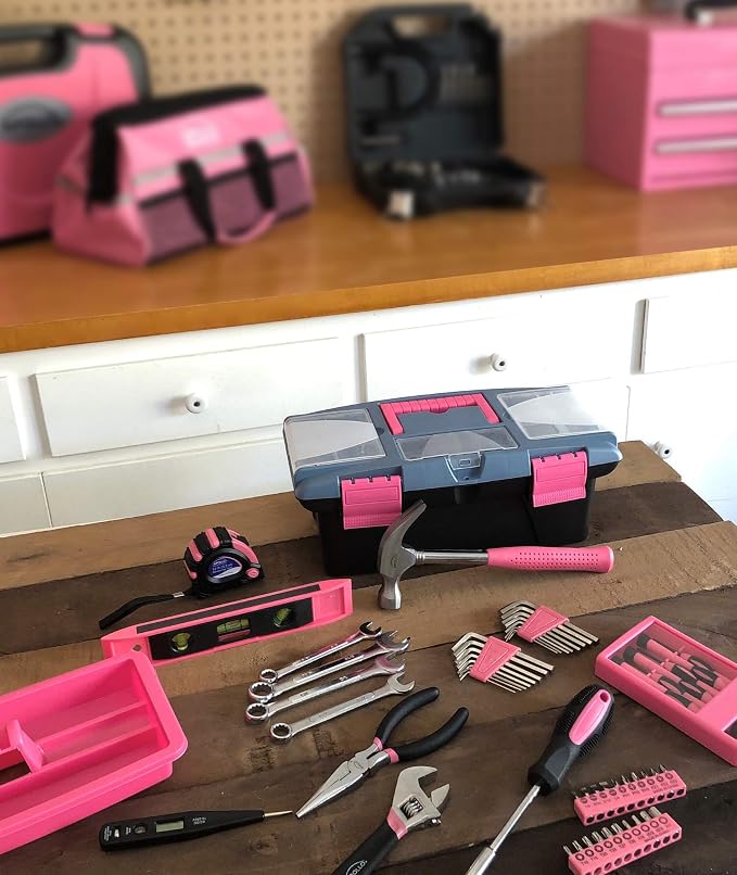 Apollo Tools 53 Piece Household Tool Set Includes Tools and Tool Box with a Selection of Most Needed Tools for Basic DIY Repairs, Maintenance and Crafts - Pink Ribbon