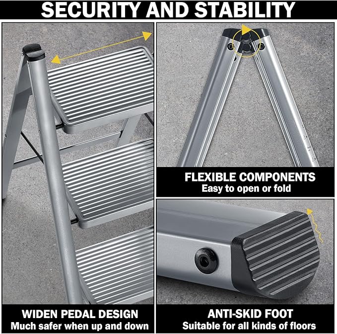 XinSunho 4 Step Ladder, Folding Step Stool with Anti-Slip Wide Pedal, Portable Sturdy Steel Ladder 4 Steps, 330lbs Safety Kitchen & Household Ladder