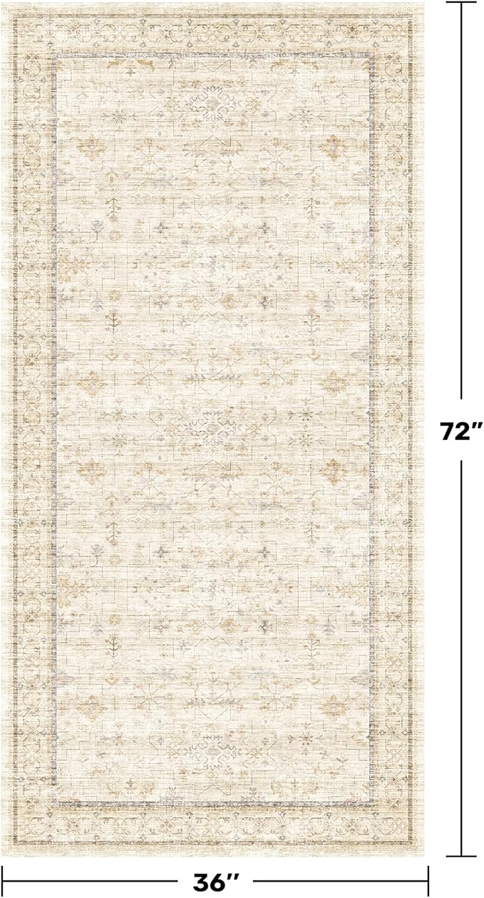 3x6 Wide Area Rugs for Hallways Non Slip, Machine Washable Rug for Kitchen Floor, Entryway, Soft Low Pile Neutral Sand Beige Décor, Geometric Floral Pattern Stain Resistant Carpet