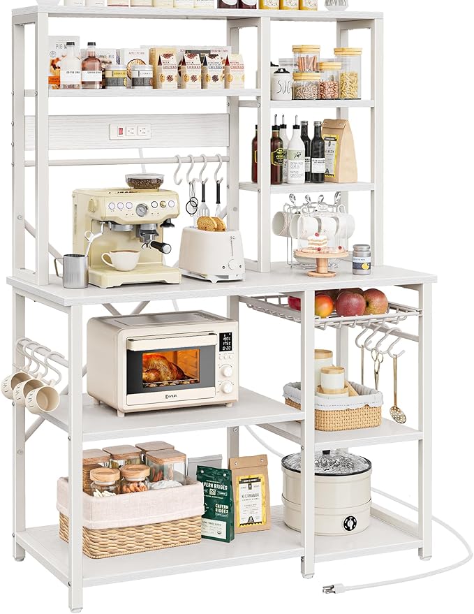 SUPERJARE Large Bakers Rack with Power Outlets, 6-Tier Microwave Stand, Coffee Bar with 12 S-Shaped Hooks, Kitchen Shelf with Wire Basket, 39.4 x 14.6X 66.9 Inches, White