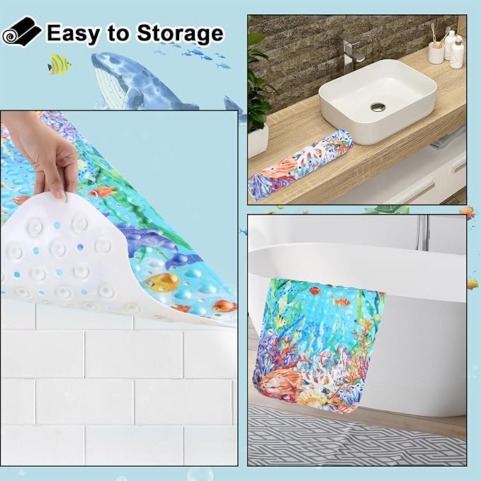 Topotdor Baby Bathtub Mat Non Slip for Kids, 40 X 16 Inch Cute Cartoon Bath Tub Shower Mat Anti Slip with Suction Cups & Drain Holes, Coral Fish