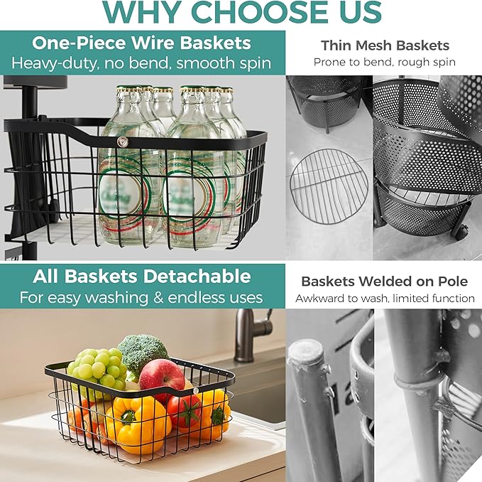 5 Tier Kitchen Fruit Vegetable Storage Cart with One-Piece Rotating Basket, Pantry Organizer Shelf Rack Floor Stand for Veggie Onion Potato Produce Spice, Rolling Snack Cart on Wheels, Black