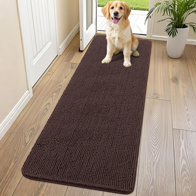 Smiry Dog Door Mat for Muddy Paws 70x24, Absorbent Dirt Trapper, Non-Slip Washable Chenille Entryway Rug for Inside Floor, Brown, Classic Solid